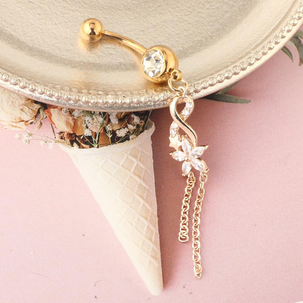 Rose Gold Zircon Flower Belly Button Ring 316L Surgical Steel Navel Piercing Jewelry - Image 5