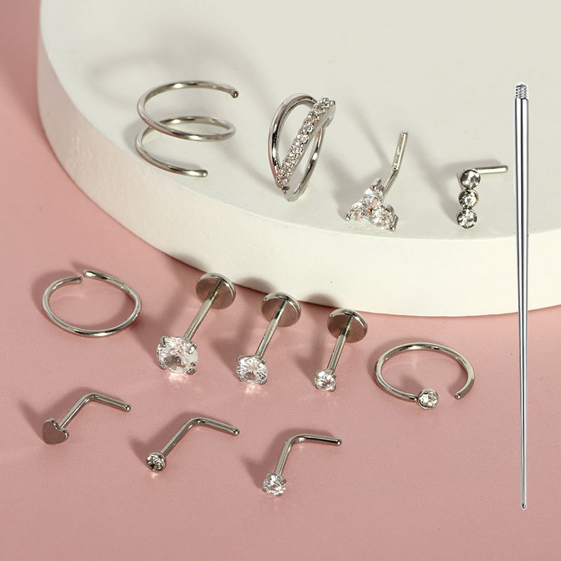 13-Piece Set Stainless Steel Nose Studs Basic Nose Rings Body Piercing Jewelry CZ Heart - Image 2