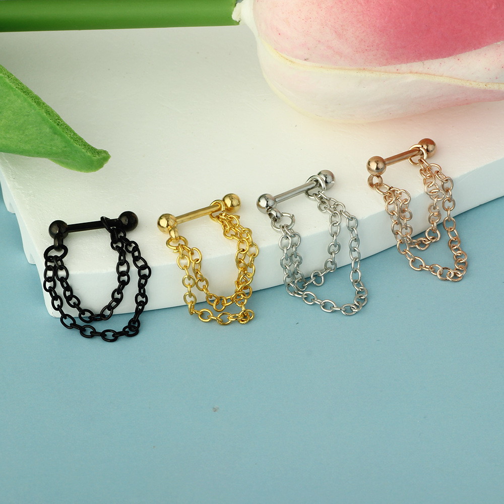 Double Chain Ear Bone Nail Titanium Steel Earring - Gold Flower Design for Women - Image 4