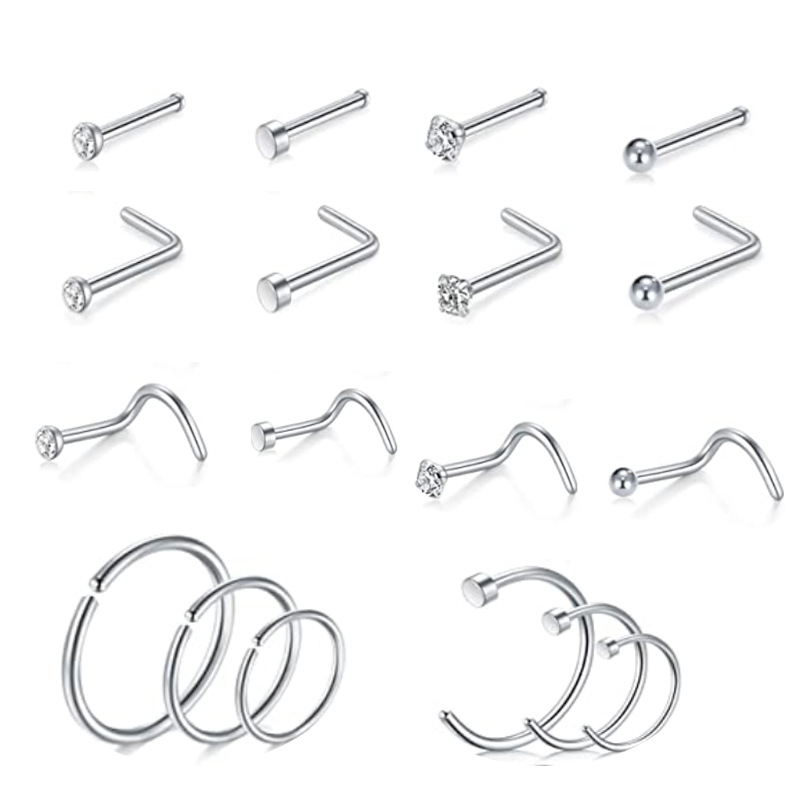 Stainless Steel Nose Studs 18-Piece Set - S-Shaped L-Shaped Nose Rings for Men Women - Titanium Steel Body Piercing Jewelry Combination Pack - Image 2
