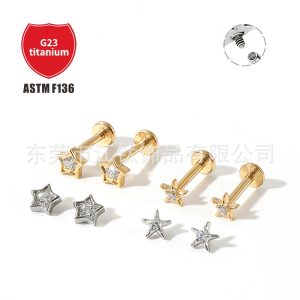 G23 Titanium Five-Pointed Star Inlaid Zircon Ear Cartilage Stud Earring for Women Men