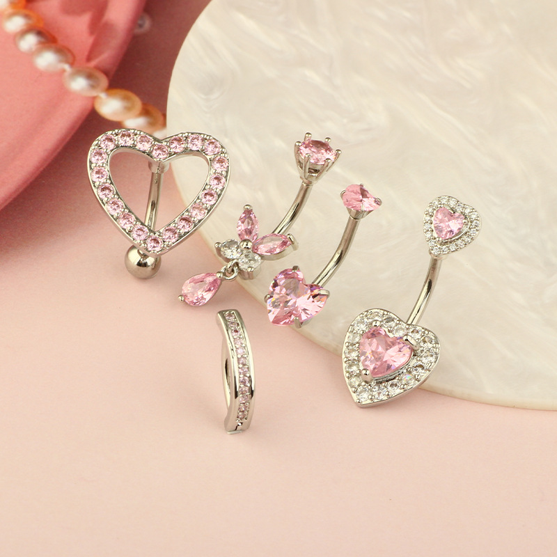 Amazon New Heart-shaped Round Piercing Jewelry Navel Ring Copper Set Zircon Stainless Steel Umbilical Nail - Image 2