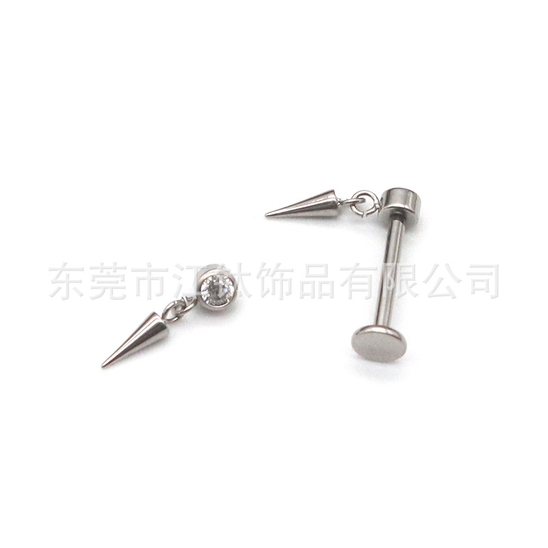 F136 Titanium Stud Earrings Diamond-Embedded Sharp Cone Pendant Lip Nail Cross-Border G23 Titanium Alloy Body Piercing Ear Bone Nail - Image 3