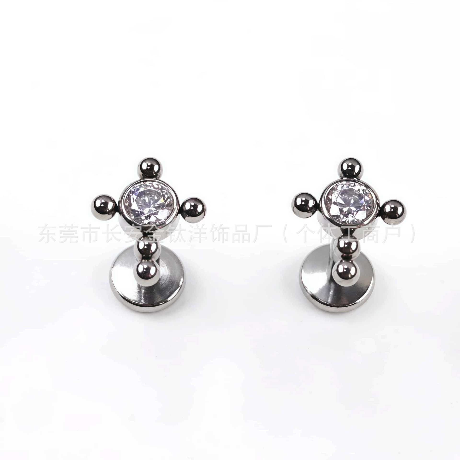 ASTM F136 Titanium Cross Diamond Inlay Internally Threaded Ear Studs - Cartilage Helix Tragus Piercing Jewelry G23 Alloy - Image 3