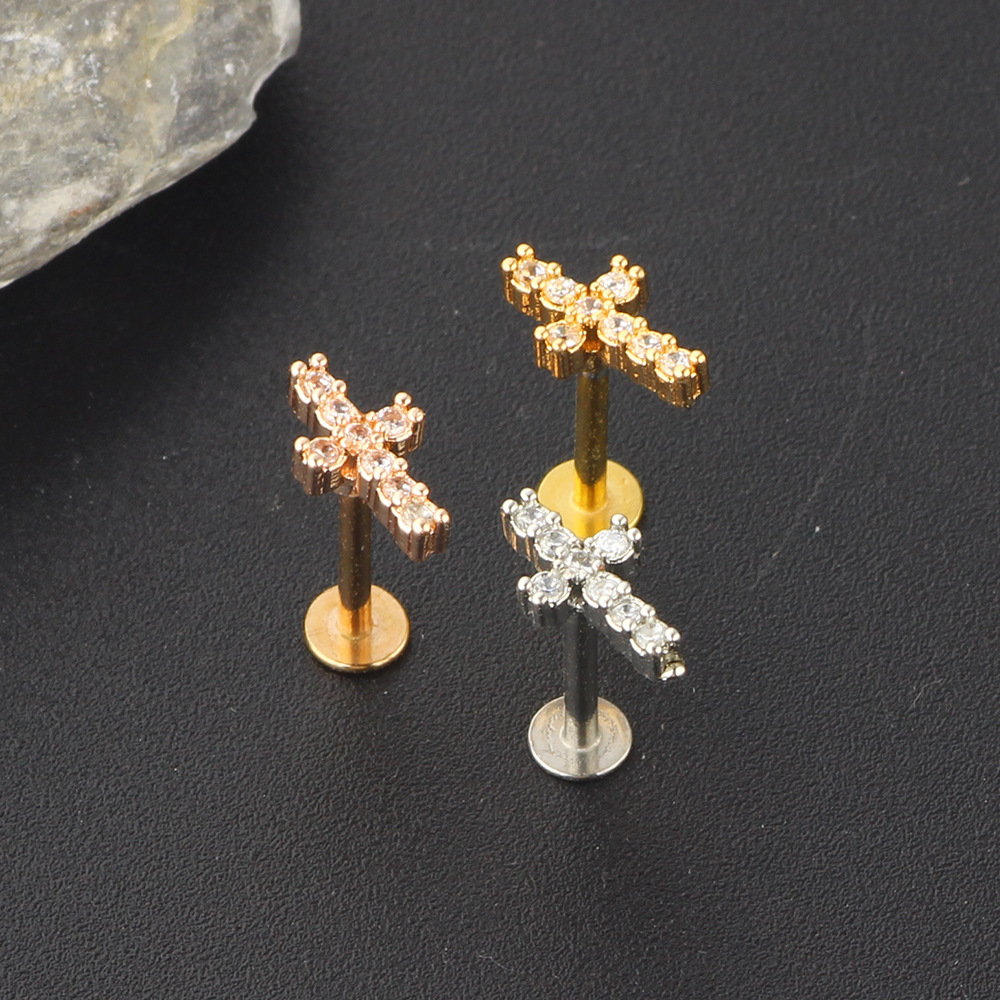 Zircon Cross Women's Ear Stud Earring Stainless Steel Cartilage Piercing Jewelry Lip Ring Body Jewelry - Image 3