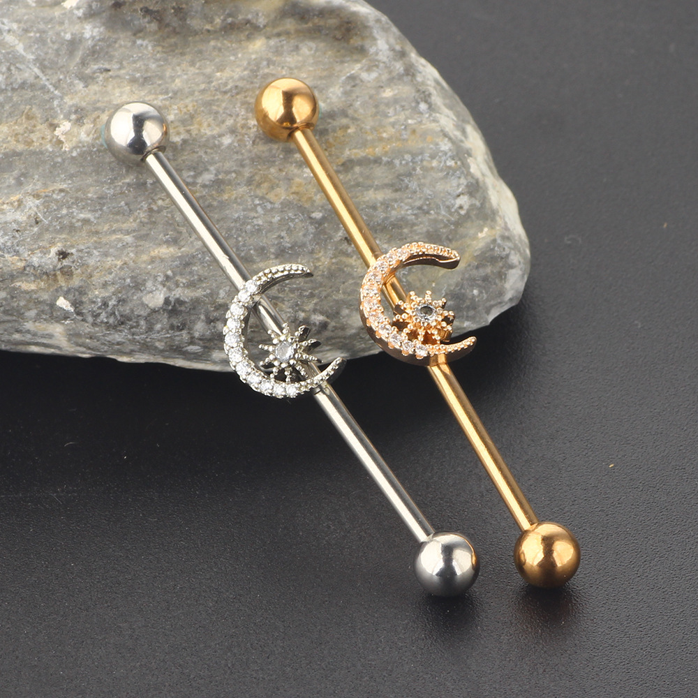 Long Row Diamond Moon Star Industrial Earring - Rose Gold Stainless Steel Cartilage Stud Ear Piercing Jewelry - Image 2