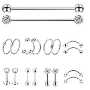 18 Pcs Stainless Steel Piercing Set Industrial Earring Nose Ring Eyebrow Lip Jewelry