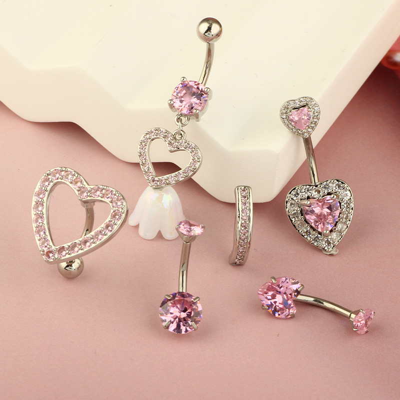 Heart-Shaped Zircon Belly Button Ring 6-Piece Set Stainless Steel Navel Piercing Jewelry - Image 2