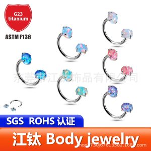 Jiangtai F136 Titanium Horseshoe Ring with Opal – G23 ASTM F136 Titanium Alloy Body Piercing Nose Ring