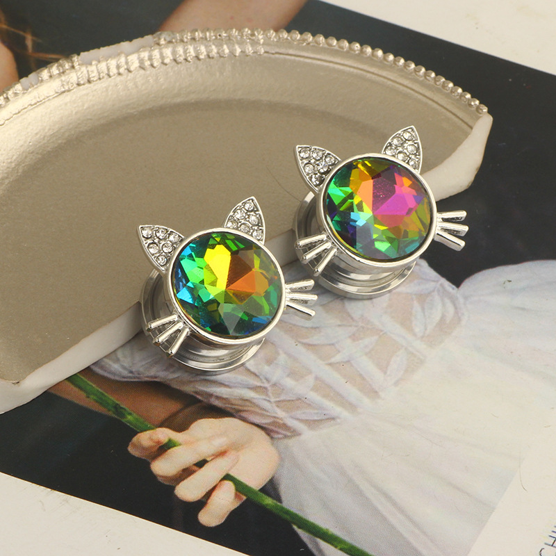 Cross-border Stainless Steel Cat Head Piercing Ear Hole Tool Punk Crystal Earrings - Image 2