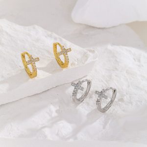 Cross Cross Inlaid Zircon Earrings for Women Hoop Ear Buckle Simple Niche Design