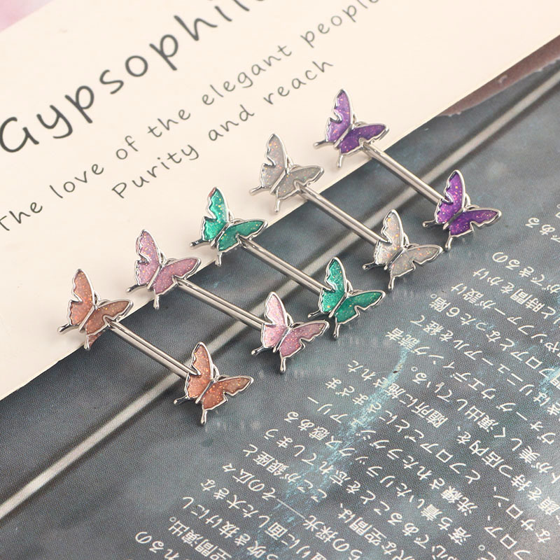 14G Champagne Butterfly Nipple Ring Set Oil Drip Design Stainless Steel Sexy Nipple Jewelry - Image 3