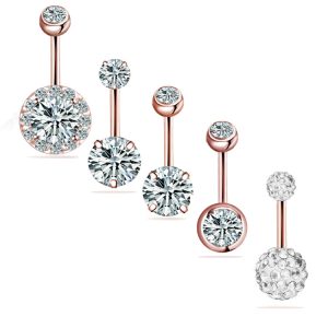 Amazon Wish Rose Gold 5-Piece Stainless Steel Navel Ring Set with Cubic Zirconia Belly Button Rings