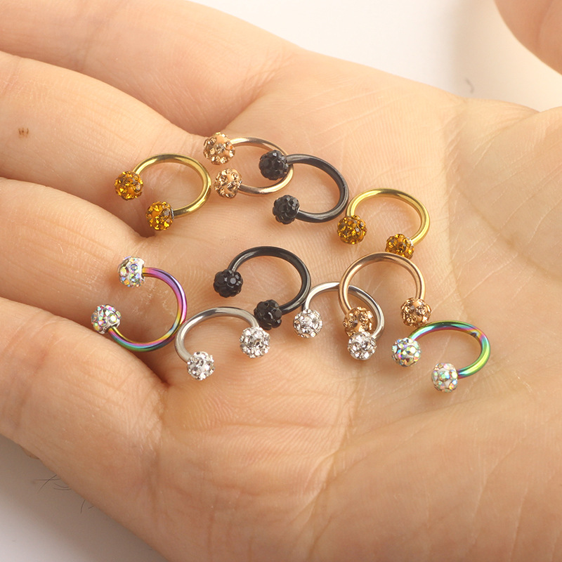 C-Shaped Diamond Ball Nose Ring Stainless Steel Hoop Earring Septum Jewelry Rose Gold - Image 3