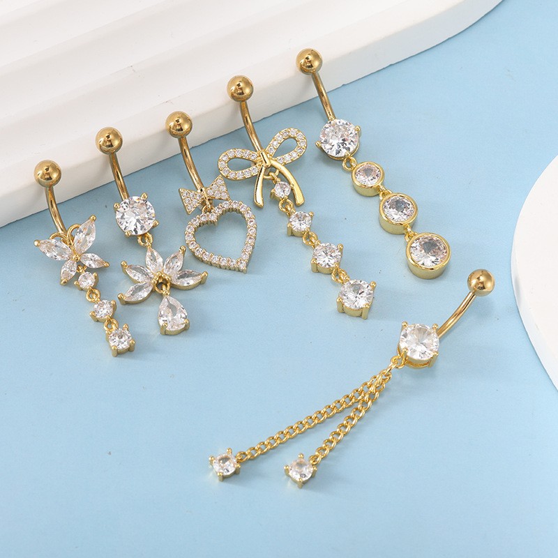 Hot-Selling 6-Piece Bowknot Heart CZ Stainless Steel Belly Button Ring Set - Image 3