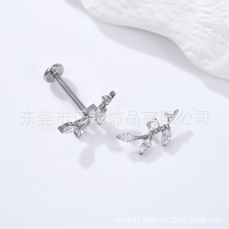 G23 Titanium Lip Stud with Leaf and Zircon Motif, Internally Threaded, 1.2x10mm, Gold Tone - Image 2