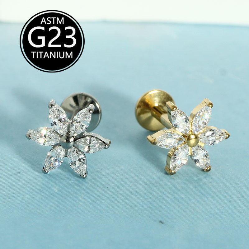 G23 Titanium Inlaid Zircon Flower Labret Stud Lip Piercing Jewelry Internally Threaded - Image 2
