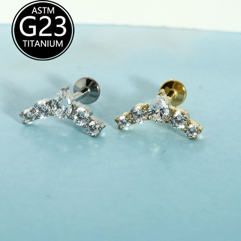 G23 Titanium Crown CZ Lip Piercing Jewelry - Water Drop Stud for Ear Cartilage, Labret, Helix, Tragus - Image 3
