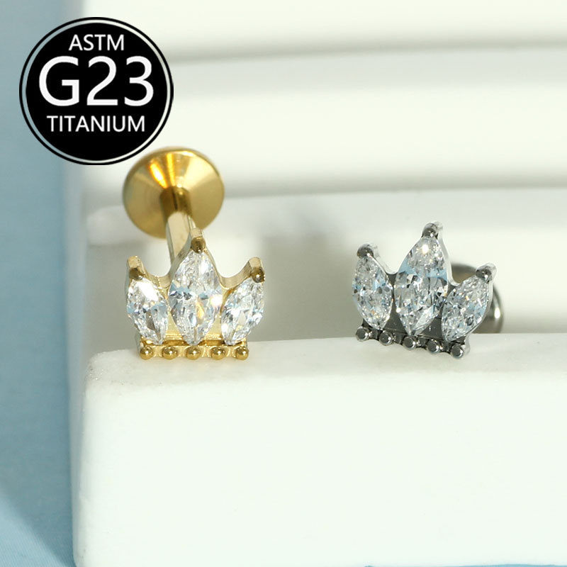 G23 Titanium Marquise CZ Crown Lip Labret Stud Internally Threaded Piercing Jewelry - Image 5