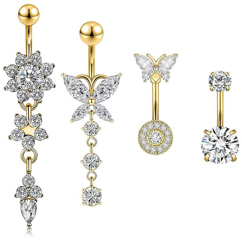 Classic Stainless Steel Belly Button Ring Set 4 Pieces Body Piercing Jewelry Butterfly Design - Image 5