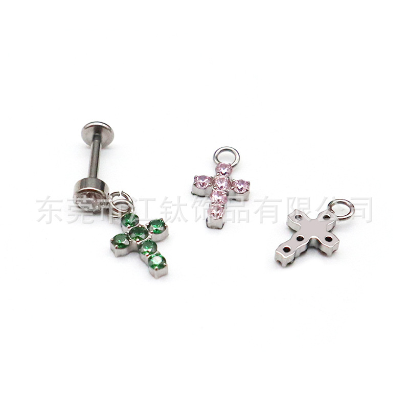 F136 Titanium Stud Earring Cylindrical Cross Pendant Inlaid 5A Zircon G23 Titanium Alloy Body Piercing Ear Bone Stud - Image 5