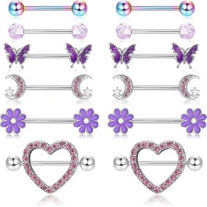 12-Piece Stainless Steel Dripping Chrysanthemum Nipple Ring Set with Zircon Nipple Nail - Body Piercing Jewelry