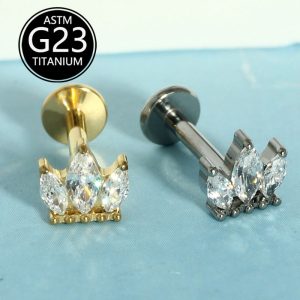 G23 Titanium Marquise CZ Crown Lip Labret Stud Internally Threaded Piercing Jewelry