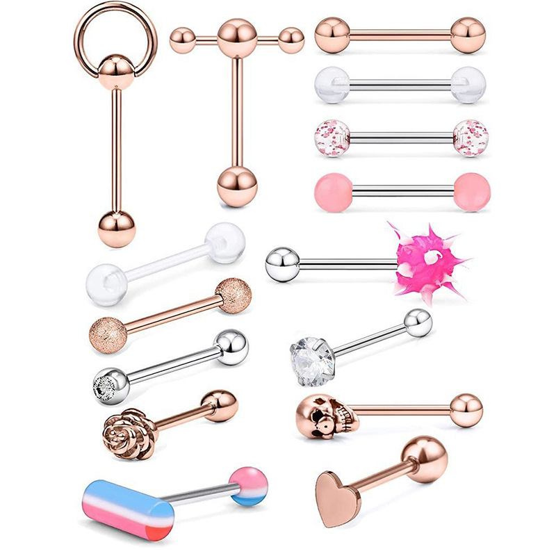 Stainless Steel Tongue Stud 15 Piece Set Mixed 4 Colors Straight Rod Tongue Ring Piercing Jewelry - Image 2