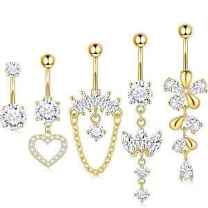 Amazon's Best-Selling 5-Piece Set Stainless Steel Belly Button Rings with Zircon Water Drop and Heart-Shaped Navel Piercing Jewelry in Stock