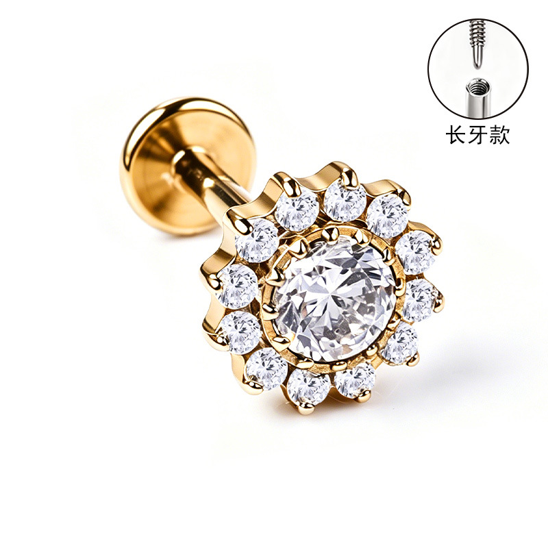 F136 Titanium Alloy Ear Studs – Finely Carved Long Tooth Ear Bone Studs with Zirconia, G23 Titanium Body Piercing Jewelry in Gold - Image 2