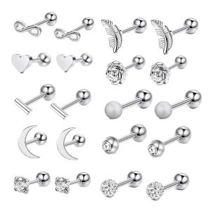 20-Piece 16G Stainless Steel Rose Flower Ear Bone Nails Cartilage Earrings Set