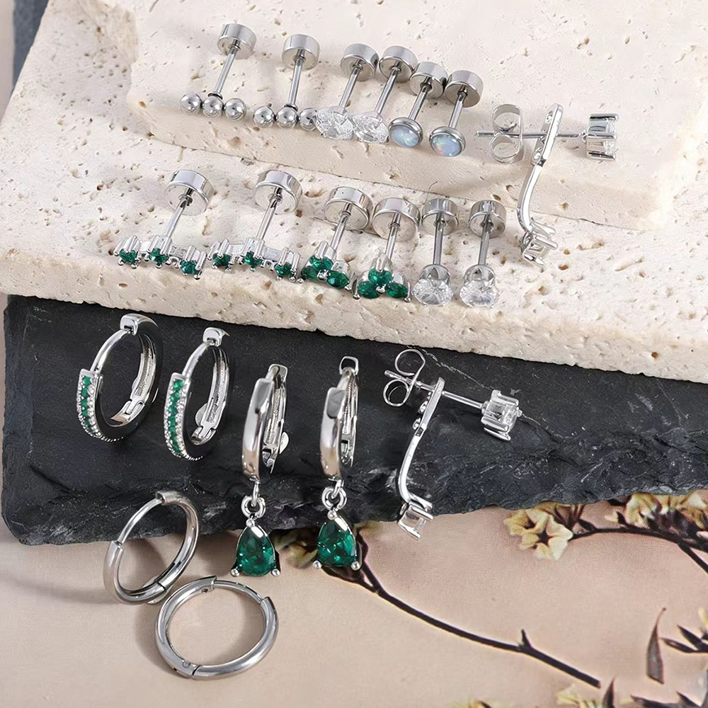 10-Pair Fashion Stainless Steel CZ Butterfly Clasp Earrings & Hoop Earring Set Silver - Image 3
