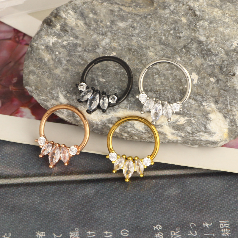 Stainless Steel Closed Ring Human Piercing Cartilage Jewelry Nose Ring Three Flap Flower Micro Zircon Ear Clip Earrings - Image 5