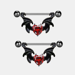 Stainless Steel Nipple Ring with Bowknot, Heart Zircon & Devil Wings - Custom Design