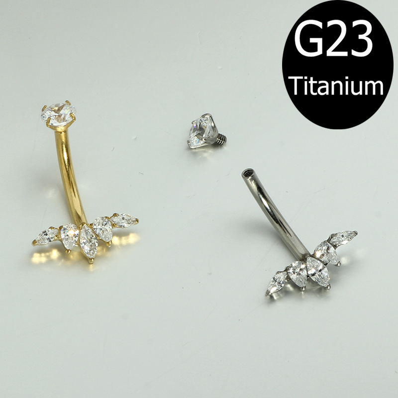 G23 Titanium Navel Piercing with Internal Prong-Set Marquise CZ Curved Bar 14G Belly Ring Jewelry - Image 2