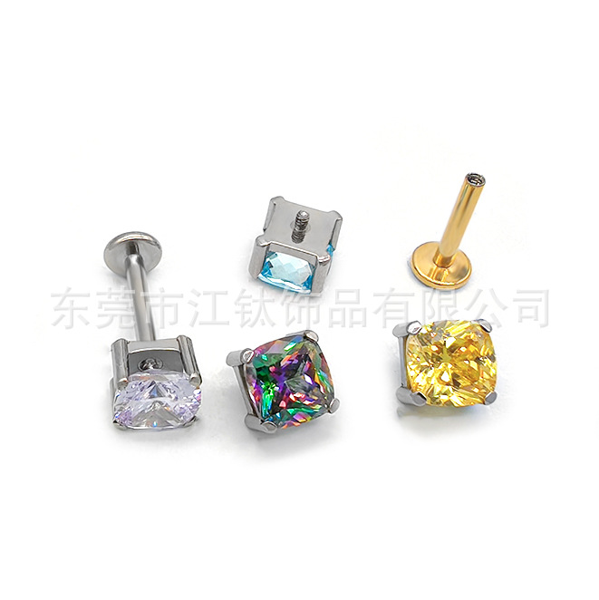 Titanium External Thread Rounded Square Labret Stud Lip Piercing Jewelry 5A Zircon - Image 2