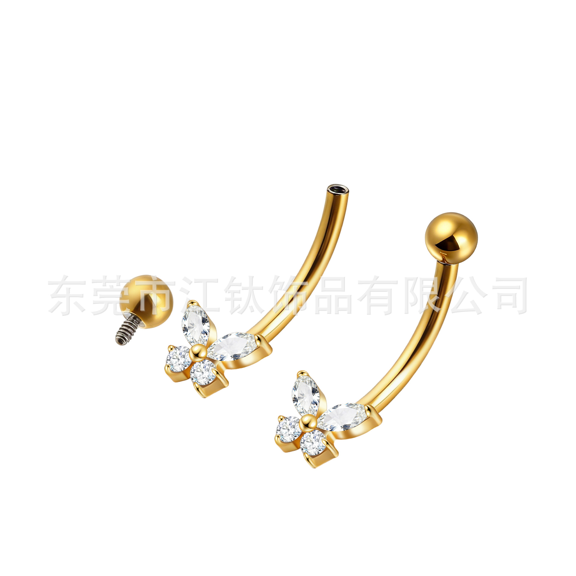 G23 Titanium Butterfly Eyebrow Stud with CZ Inlay, Gold, 1.2mm x 10mm, Threadless, Body Piercing Jewelry - Image 5