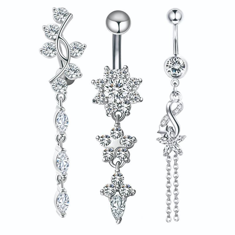 European American Style Golden Zircon Shambhala Rhinestone Belly Button Ring 3-Piece Set - Stainless Steel - Image 3