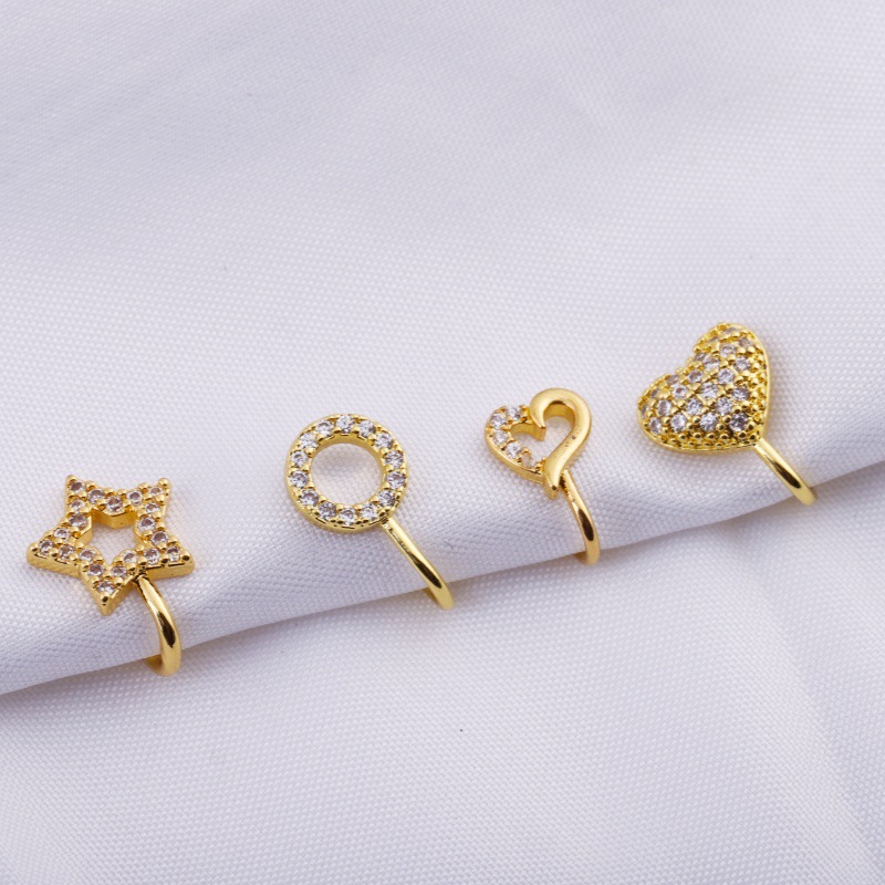 Non-Pierced Nose Clip Copper Inlaid Zircon U-Shaped Star Heart Round Nose Ring - Gold 18K Plated - Image 4