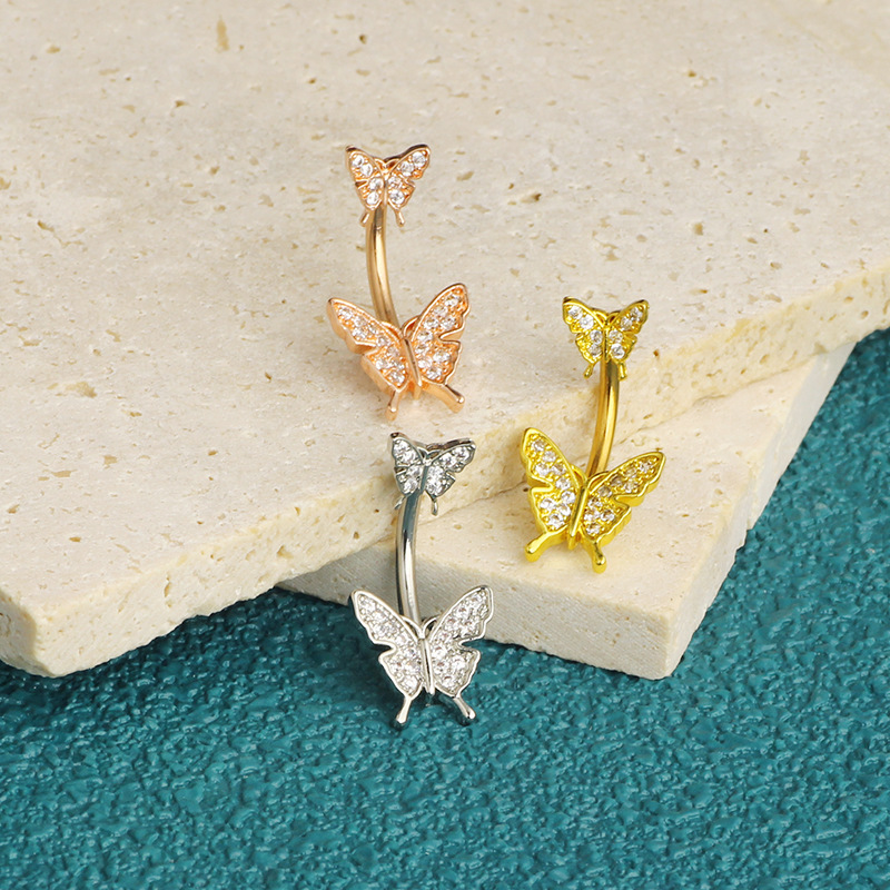 Butterfly Zircon Belly Button Ring Stainless Steel Dangle Navel Piercing Jewelry Rose Gold - Image 2