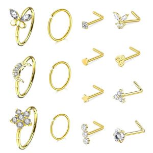 14G Heart Nose Ring Stainless Steel Nose Stud Piercing Jewelry Set of 14 - Silver Zircon