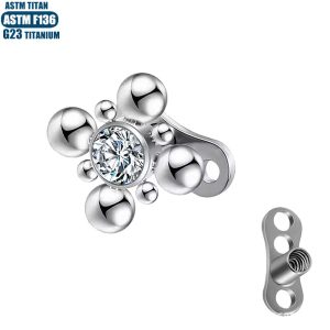 G23 Piercing Bone Implant with Zircon Inlaid Welded Ball Internal Thread Clavicle Skin Grafting Nail with Base, Silver 1.2x0.9mm
