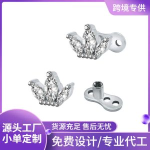 European American Titanium Steel Buried Nail Earrings CZ Rhinestone Three-Petal Lotus Labret Stud Body Piercing Jewelry