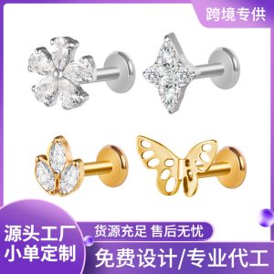 Zesen F136 Titanium Alloy Marquise CZ Lip Labret Stud Ear Bone Nail Tongue Piercing Jewelry G23 Titanium