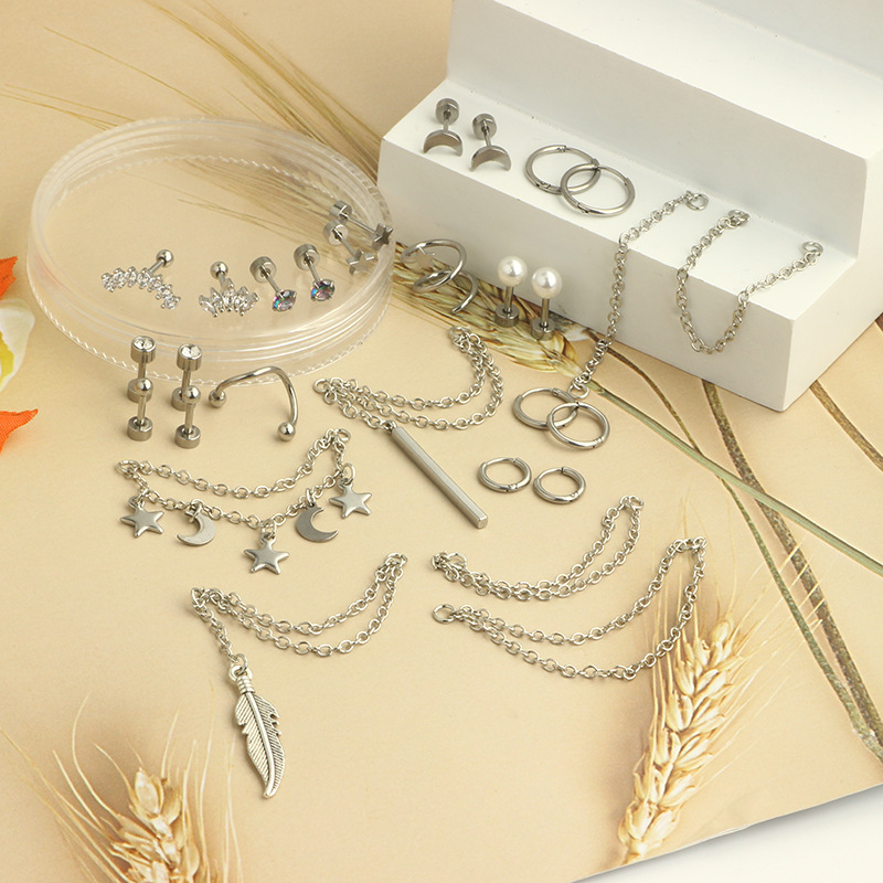 316L Surgical Steel Ear Chain Crown Ear Bone Nail Screw Twist Ball Fashion Earrings European American Piercing Jewelry Set - Image 3