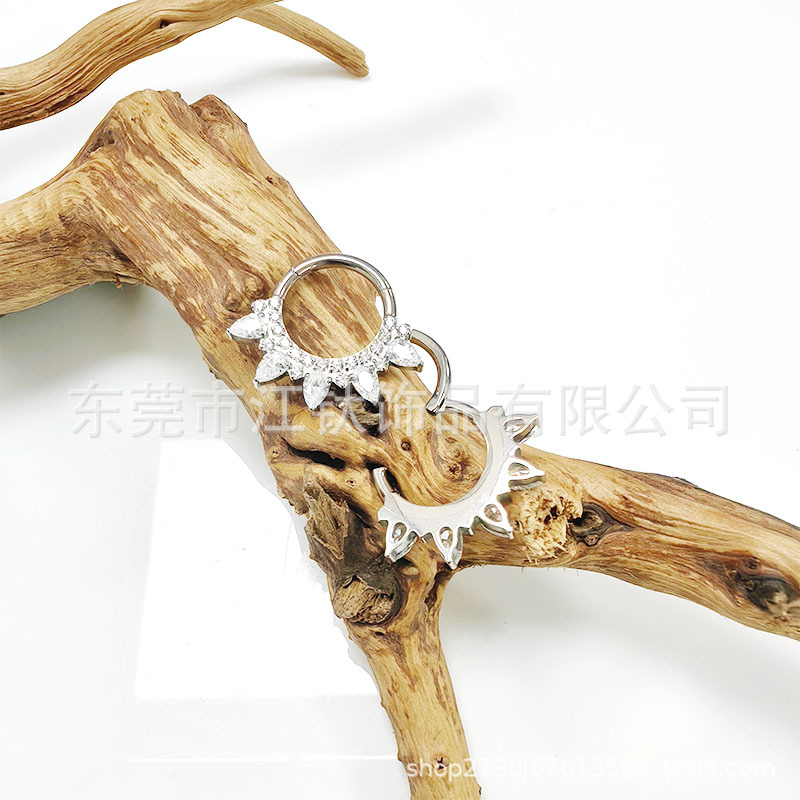 Titanium Nose Ring Closed Hoop with Petals Inlaid 5A Zircon G23 ASTM F136 Body Piercing Jewelry - Image 2