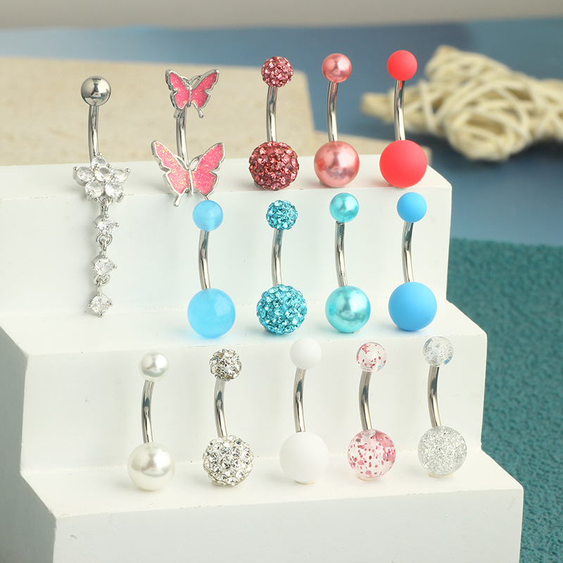 14-Piece Butterfly Navel Ring Set Stainless Steel Belly Button Piercing Jewelry Heart Design - Image 5