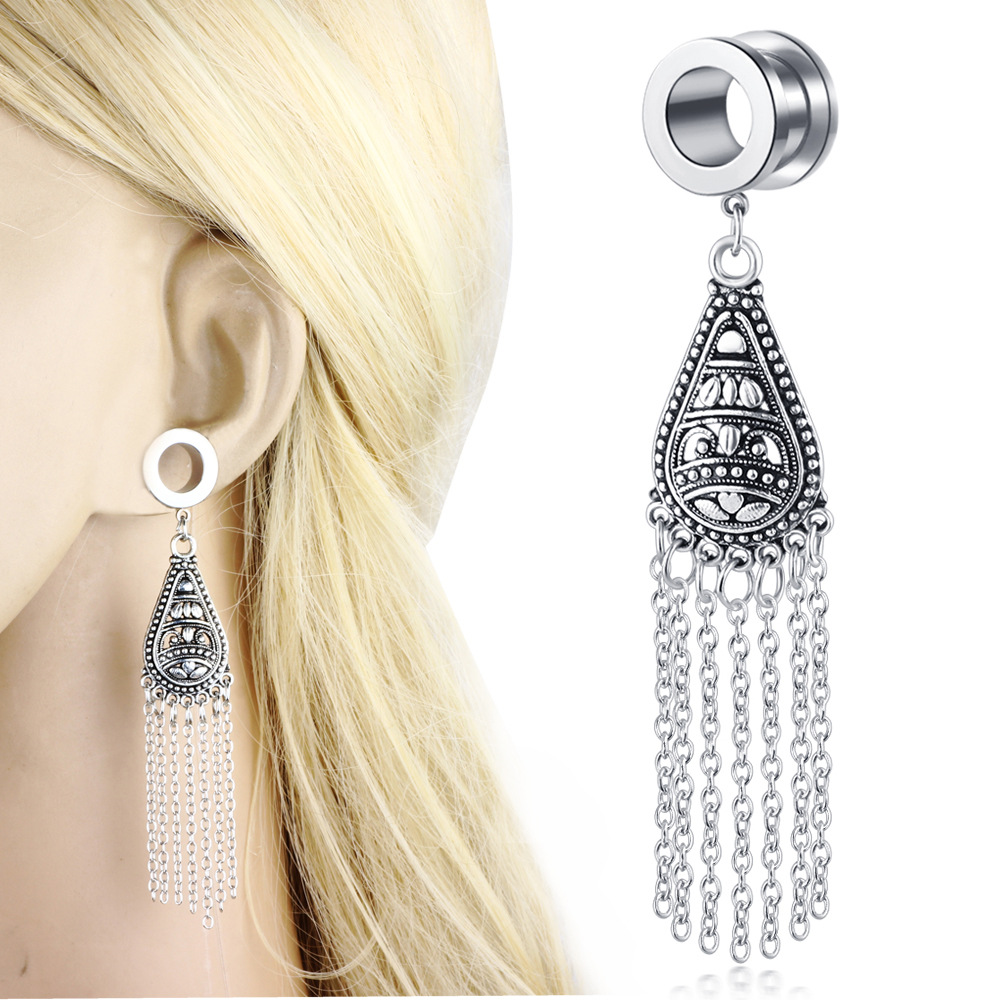 Star Moon Water Drop Tassel Auricle Stainless Steel Hollow Ear Expander Thread Expander Earrings - Image 2