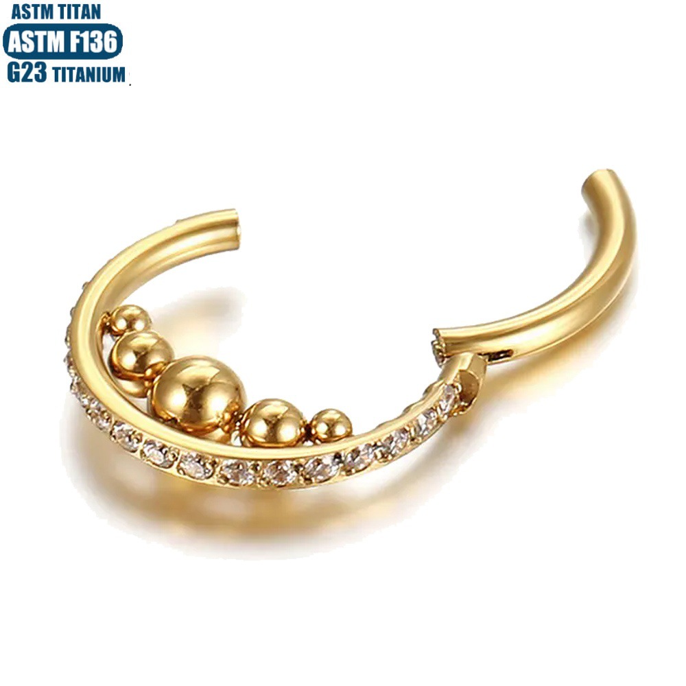 G23 Titanium Nose Ring with Zircon Outer Side, Internally Welded Ball Hinge Seamless Septum Ring - Image 4