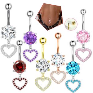 Heart Dangle Belly Button Ring Rose Gold with White Zircon 316L Surgical Steel Navel Piercing Jewelry